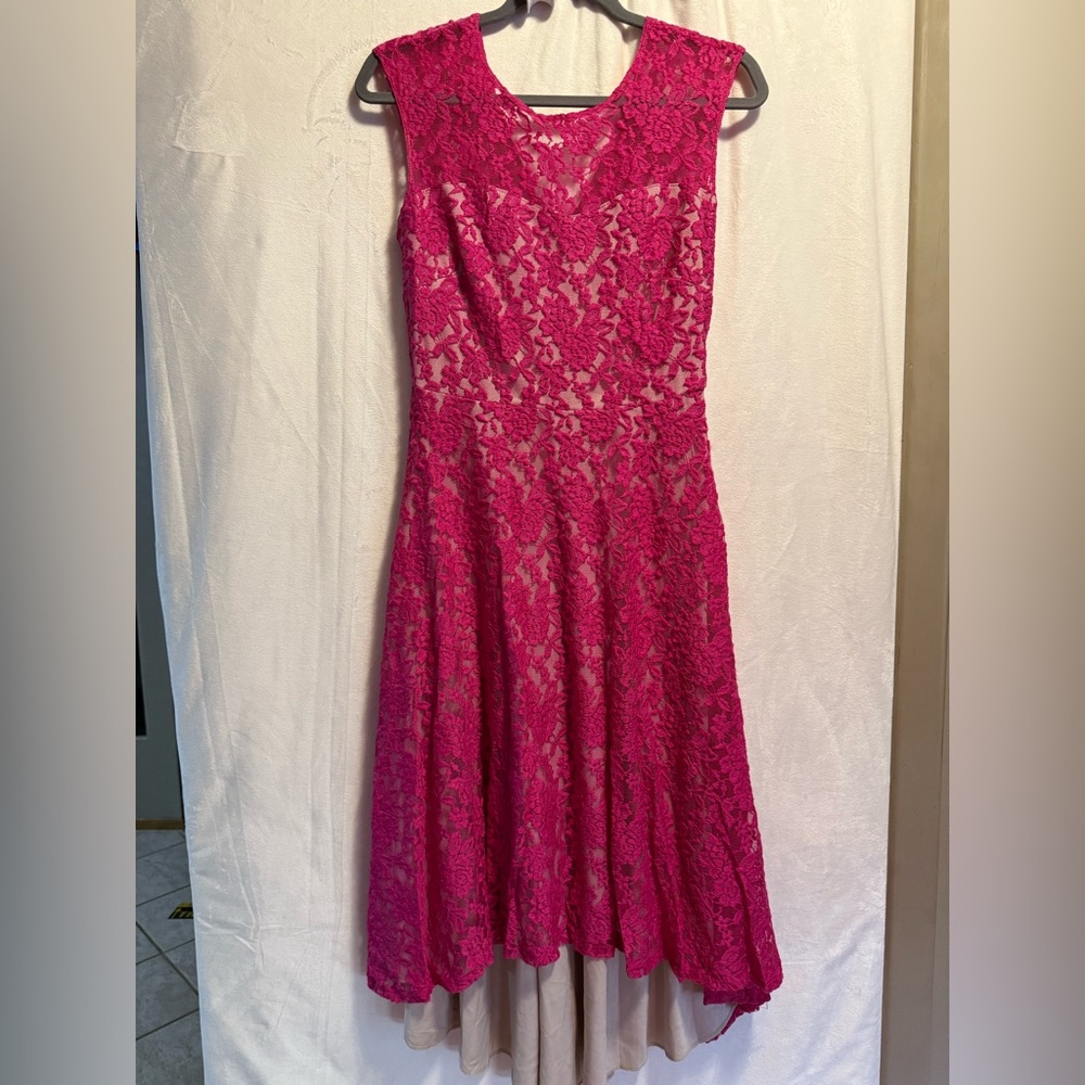 Signature by Sangria Fuchsia Lace High Low Dress